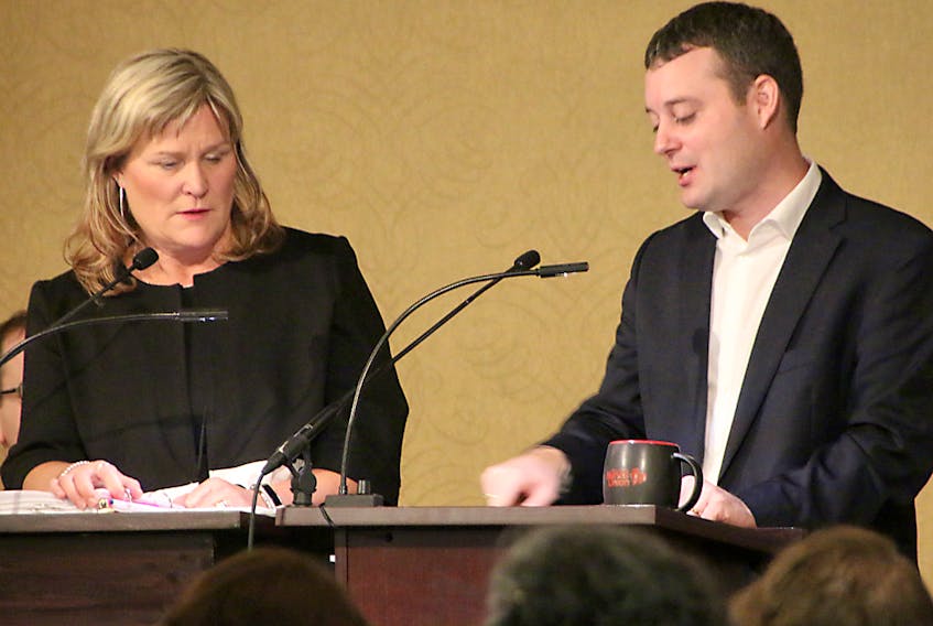 Nova Scotia Nurses’ Union President Janet Hazelton and Nova Scotia Minister of Health and Wellness Randy Delorey took questions from the floor during the nurses’ union AGM session Tuesday. Delorey was in town for the event, which runs until Thursday.