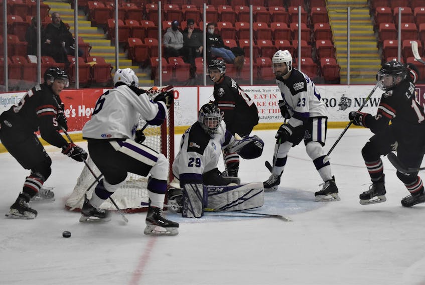 They may have not scored on this opportunity versus Amherst Friday night, but Bearcat forwards Bair Gendunov (left), Tristen Therrien and Caleb Hart have been producing goals regularly which, combined with better defensive work, has Truro 5-1 in their last six games.