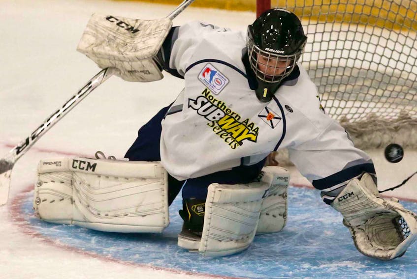 Northern Subway Selects goalie Lily Currie, of Masstown, played between the pipes against Pionnnieres de Lanaudiere on Tuesday at the Esso Cup midget girls hockey championship in Bridgewater. The Selects lost the game 4-2.