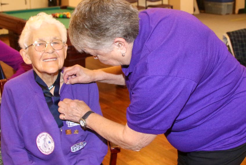 Mary Beckett looked very pleased as Darlene Duggan, provincial Trefoil Guild liaison, prepared to fasten a pin recognizing 60 years of involvement with Guiding.
Lynn Curwin/Truro Daily News