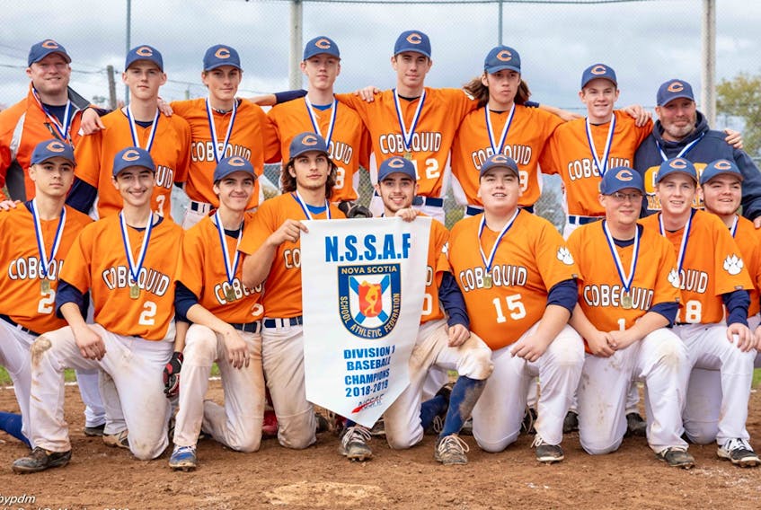 The Cobequid Cougars won their second straight NSSAF Division 1 boys high school baseball championship. The Cougars capped a remarkable season with a 6-0 win over Horton in the title game. Members of the Cougars are, front row, from left, Luke Creelman, Darsey Pratt, Chad Mingo, Jackson Haight, Connor Angers, Micheal Jollimore, William MacGillivray, Marshall Field and Seth Priest-Atkinson. Second row, coach JP Wood, Quinn Cashen, Bailey MacKinnon, Connor Irwin, Max Ashton, Adam MacKinnon, Aiden Hennigar and coach Scott MacGillivray. Missing is Tanner Greatorex.