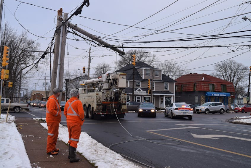 Nova Scotia Power crews spent approximately four hours in Truro on Monday making repairs after a tractor trailer snagged a guy wire and snapped the top off a pole at the corner of Elm and Queen streets.
