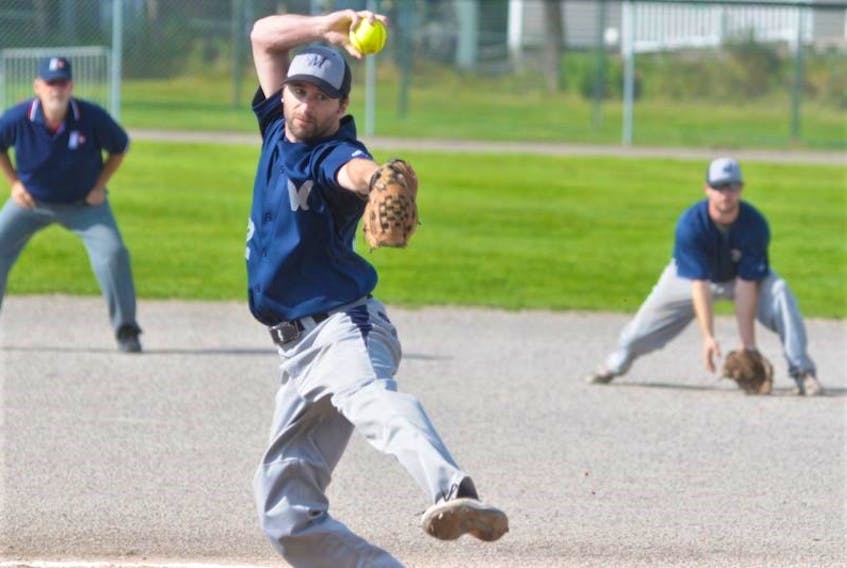 Podcast founder and co-host Randy Frame on the mound during his last season of competitive fastpitch, for the East Hants Mastodons, in 2014.