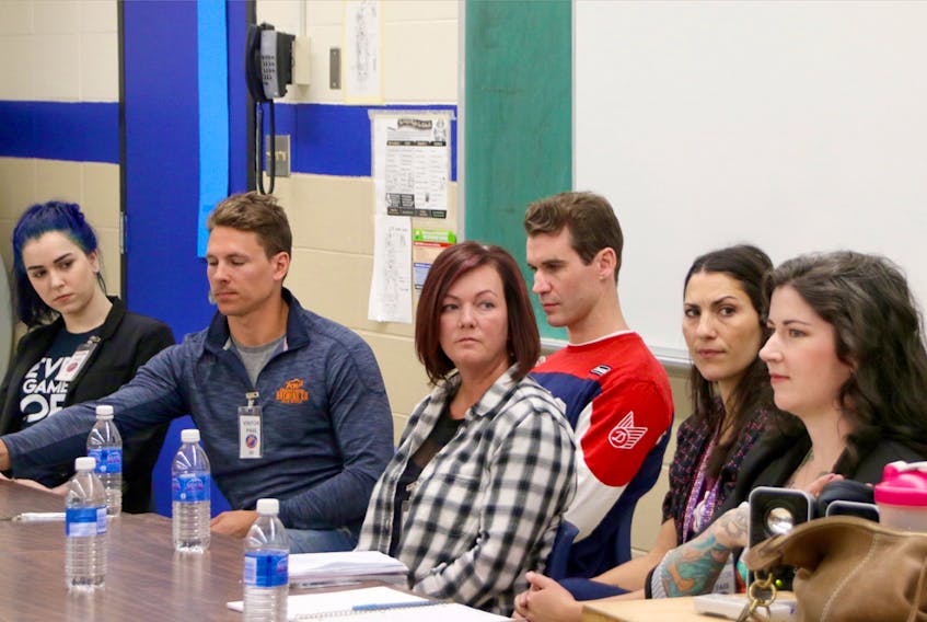 A few local business owners spoke to the entrepreneurial class at Cobequid Educational Centre recently. The panel consisted of, from left, Paige Mullin, of Levels Game Loft; Matt Kenny, of Tata Brew; Mitch Cooke, of HAF Skate & Tattoo, and Jimolly’s; Renee Rhodenizer, of Wink Day Spa; Mariah Kearney, of My Home Apparel; and Alicia Simms, of Rolling Sea Tattooery.