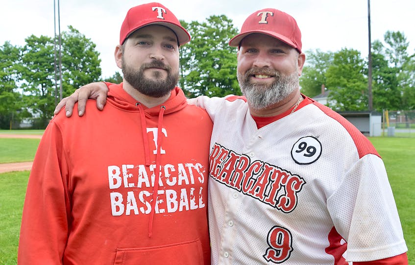 Scott Baillie, left, and Joe MacPherson have known each other most of their lives. They became close friends about 15 years ago, and are now teammates with the D&D Bookkeeping Truro Bearcats intermediate baseball team.