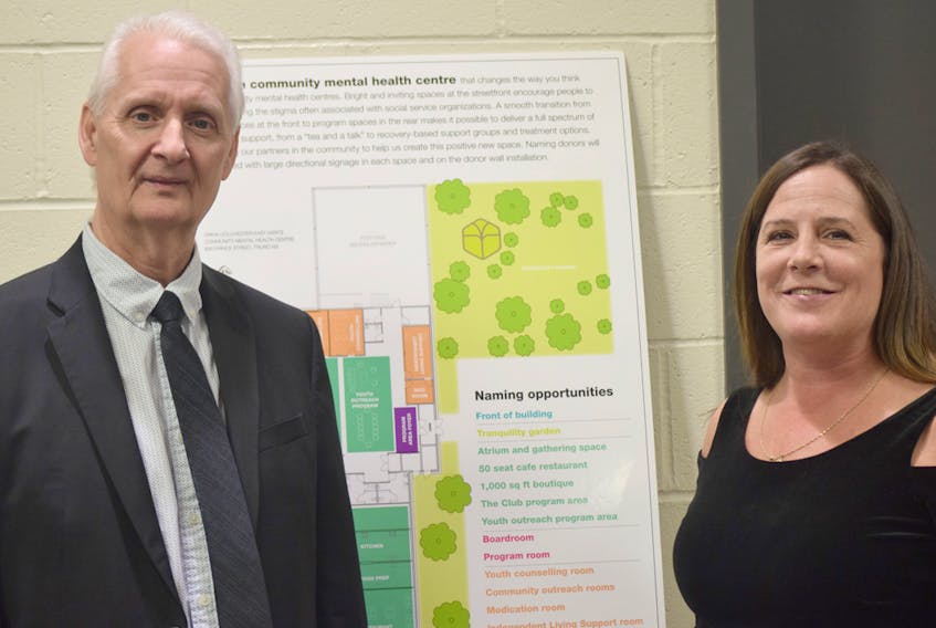 Darrell Kuhn, left, president and CEO of the Community Credit Union of Cumberland Colchester Ltd., and Susan Henderson, executive director of Colchester East Hants branch of the Canadian Mental Health Association, in front of a proposed layout for a new facility to be renovated as its headquarters on Prince Street, Truro. Harry Sullivan/Truro Daily News