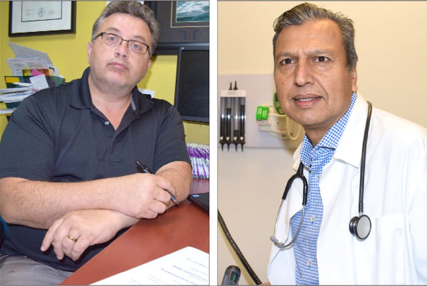 People attending the Truro Walk-In Clinic now have to make appointments in advance, a change that Dr. Murdo Ferguson, left, says was brought about because of a shortage of family physicians combined with an effort to reduce the amount of time patients have to spend in the waiting room. Dr. Manoj Vohra, of the Care Now Walk In Clinic in Bible Hill, said he believes such clinics are in jeopardy because of an increasing shortage of family physicians.