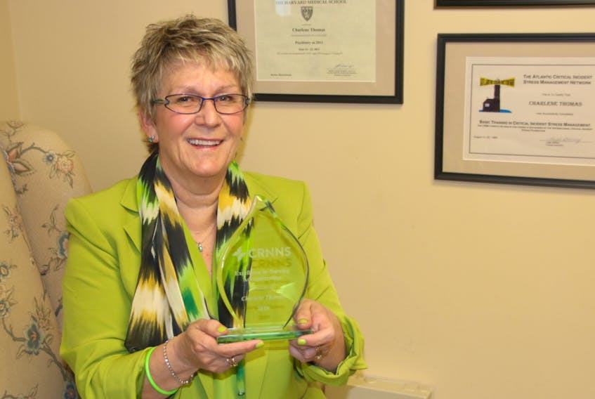 Charlene (Boutilier) Thomas recently received an Excellence in Nursing Administration Award from the College of Registered Nurses of Nova Scotia. Fifteen nurses from across Nova Scotia were presented with awards during the 2019 ceremony.
