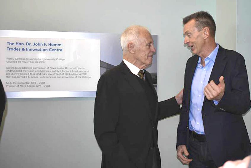Former Premier Dr. John Hamm speaks with former NSCC President Ray Ivany following an announcement that the NSCC Pictou Campus in Stellarton would be naming its new Trades and Innovation Centre in honour of Hamm. In 2003 Hamm was premier and Ivany was NSCC’s president. That year the province announced it would invest $123 million into the NSCC.