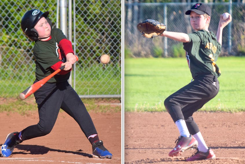 Spencer MacLean of the Athletics smacks out a base hit, while teammate Logan Quinn delivers from the mound during opening night action in the Bible Hill-Truro Minor Baseball League’s peewee/bantam division on Wednesday. The Athletics got off to a hot start by defeating the Red Sox 15-6.