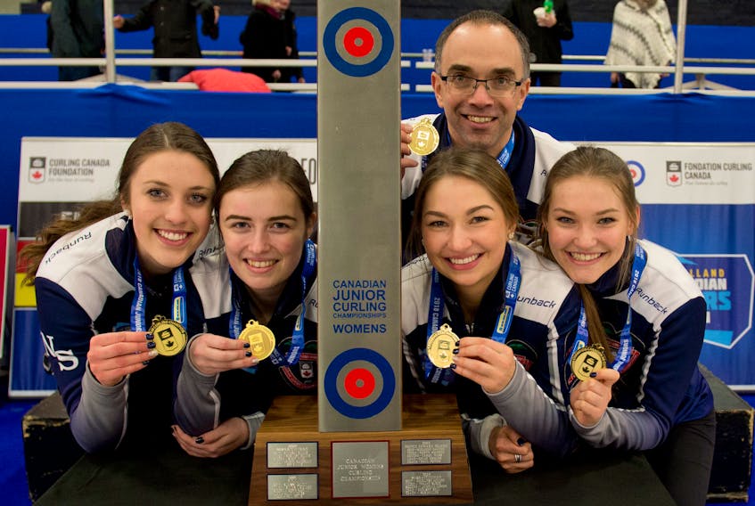 Nova Scotia defeated the home-province Quebec team 5-3 in Shawinigan Sunday to capture gold at the national junior curling championship. From left, skip Kaitlyn Jones; third Kristin Clarke; second Karlee Burgess of Hilden; and lead Lindsey Burgess of Truro, along with coach Andrew Atherton.
MICHAEL BURNS – CURLING CANADA