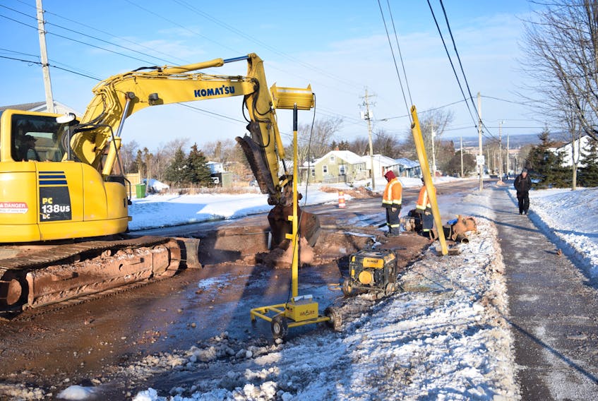 Public Works crews work at the site of a broken water main on Young Street Thursday morning after two lines broke in the area Wednesday. Both Young Street and Beechwood Drive were closed, and detours were set up for Fairview Drive, Pleasant Street, and Glenwood Drive.
CODY MCEACHERN - TRURO DAILY NEWS