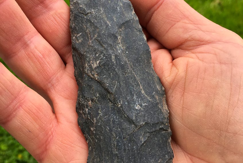 This aboriginal stone tool artifact – a spearhead or knife blade – was found by a hiker last May in the Scotsburn area.
(Tessa Elliott photo)