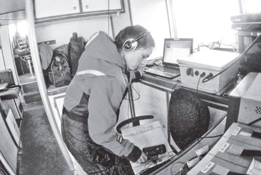 Acoustician Genevieve Davis of the Northeast Fisheries Science Center in Massachusetts listens for whale calls on a National Oceanic and Atmospheric Administration vessel in 2014 off Georges Bank.