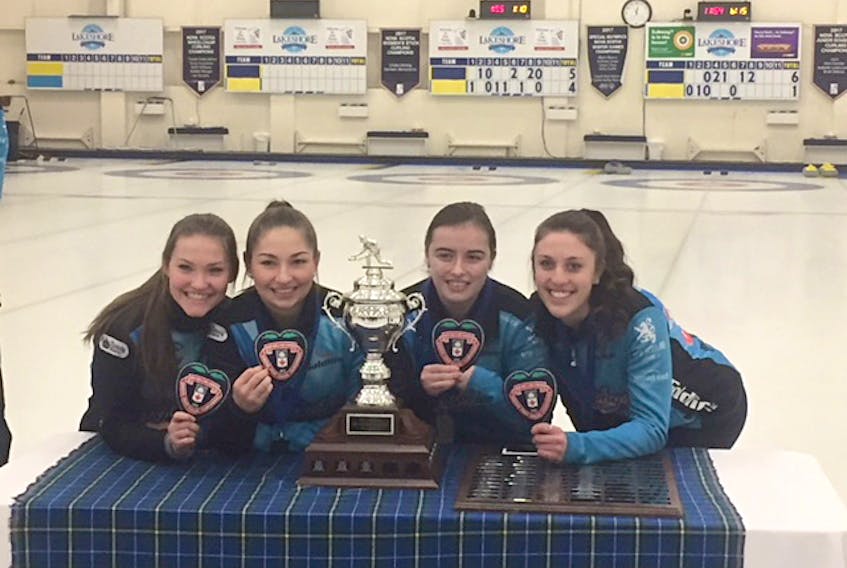 The Jones rink out of Halifax Curling Club captured the under-21 women’s curling championship on the weekend. From left, team members are Lindsey Burgess, Karlee Burgess, Kristin Clarke and Kaitlyn Jones. The team now advances to the national championships later this month in Shawinigan.
SUBMITTED PHOTO
