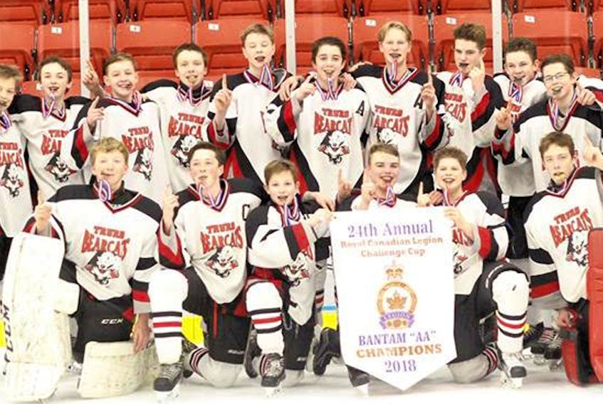 The Truro Bearcats turned in a solid team effort and came up big at the 24th annual Royal Canadian Legion Challenge Cup bantam AA hockey tournament. The Bearcats claimed gold after 7-4 victory over the Cape Breton County Islanders in the final. Members of the team are, first row, from left, Brandon White, Kyran Burton, Brandon Forbes, Aidan Fisher, Keagan Macumber, Ashton Cutton and Kohl Lockhart; second row, coach Andrew Fisher, head coach Alan Porter, Cole Sellers, Sam Rogers, Ewan Mackinnon, Mitchell King, Jake Bolger, Nick Gallant, Jake Stewart, Colby Wolfe, Aiden Hennigar, Tim Porter, coach Todd Mackinnon and coach Tim Macumber.