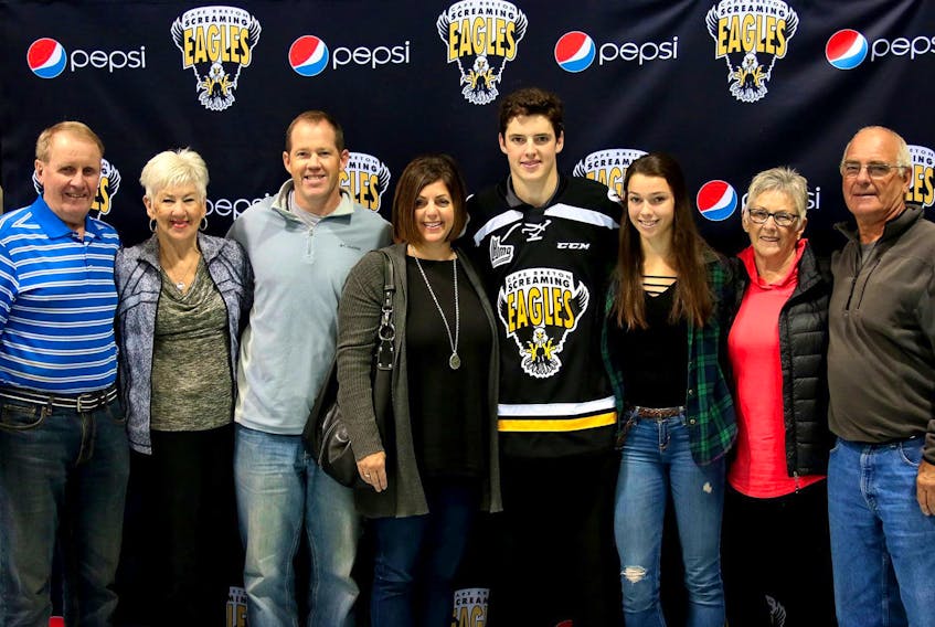 From left are, Matt Batherson, Kay Batherson, Norm Batherson, Deeann Batherson, Drake Batherson, Mae Batherson, Dee Savoury and Dan Savoury. Drake Batherson is participating in this year’s IIHF World Junior Hockey Championship with Team Canada in Buffalo, N.Y.