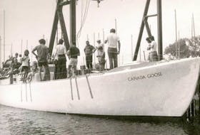 Graham Watt’s three-masted schooner the Canada Goose is officially launched in 1978.