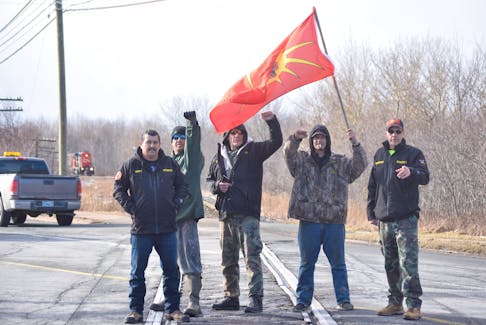 First Nations anti-pipeline protestors blockaded the level crossing on Willow St. in Truro on Feb. 28. They were protesting in support of the Wet’suwet’en First Nation in British Columbia. From left, Vinny Toney, William Clair, James Pictou, Billy McDonald and Toby Condo. FRAM DINSHAW/TRURO NEWS