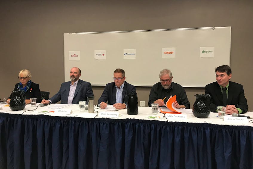 The five federal candidates debated environment in Truro on Oct. 3. From left: the Liberals' Lenore Zann, People's Party of Canada's Bill Archer, Conservative Scott Armstrong, the NDP's Larry Duchesne and the Green Party's Jason Blanch.