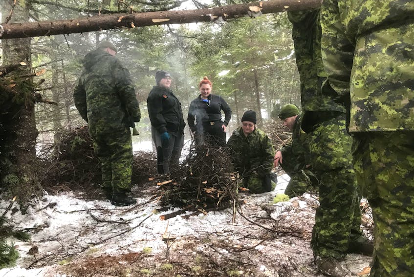Army cadets from the Truro and New Glasgow detachments conducted a weekend-long winter survival exercise in the countryside near Debert on Jan. 10-12. Cadets learned how to build tents and makeshift shelters using branches and bushes, as well as snowshoe across rough terrain.