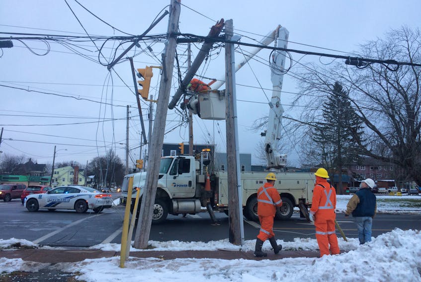 A tractor trailer snagged a guy wire and broke the top off a power pole while turning onto Elm Street from the Superstore parking lot in Truro.