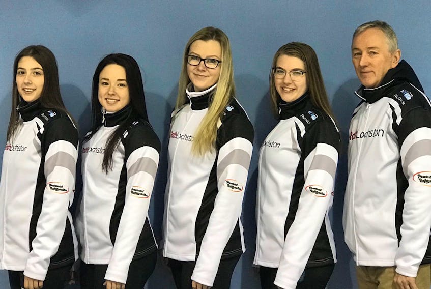 The team of (from left), skip Mackenzie Mitchell, third Katie Follett, second Sarah Chaytor and lead Claire Hartlen, coached by Mark Noseworthy (right) will play in tonight's Scottie provincial women's curling final after winning all five of its games in the prreliminary round nof teh event at teh Re/Max Centre in St. John's. — Twitter/@TeamMitchellNL