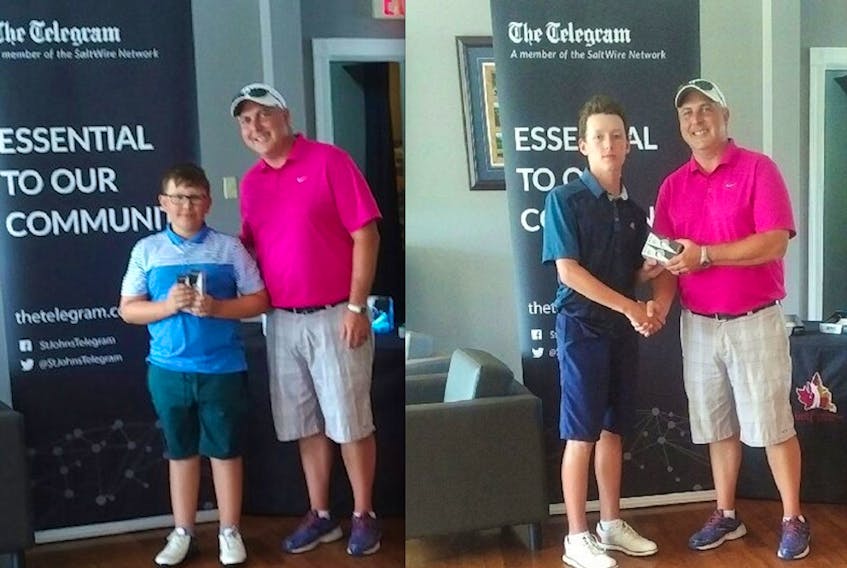 Bantam golfer Lucan Meade (left) and juvenile winner Ethan Efford are congratulated by Daniel Denief after topping their divisions at the Tely Junior Golf Tour's Future Shooters Showdown on Tuesday at The Wilds.