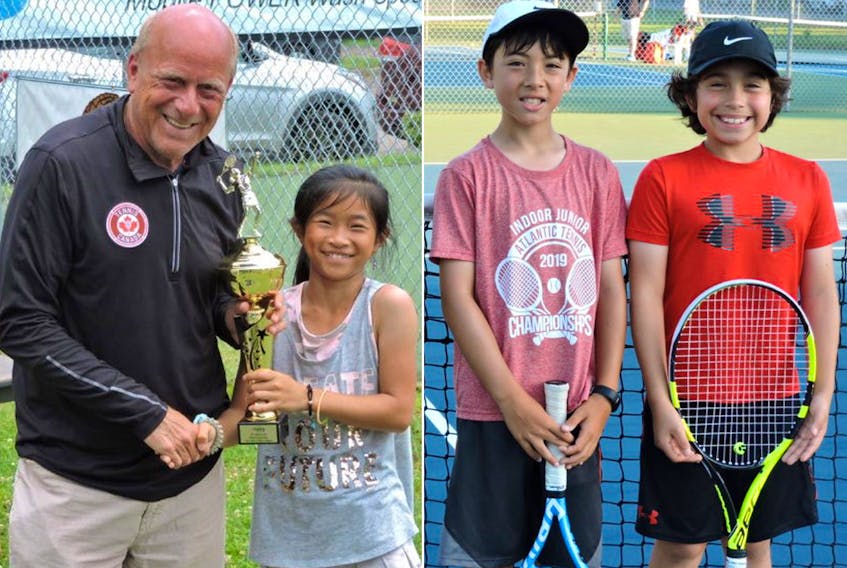 Islander did well at the recent Atlantic Tennis Championships in Truro, N.S. Left photo: Tiffany Chong of Crapaud receives her trophy from Atlantic Tennis Alliance director Mark Thibault. Right photo: Sebastian Nguyen of Stratford, left, and Elijah Opps of Charlottetown dominated in the under-10 boys' doubles final.