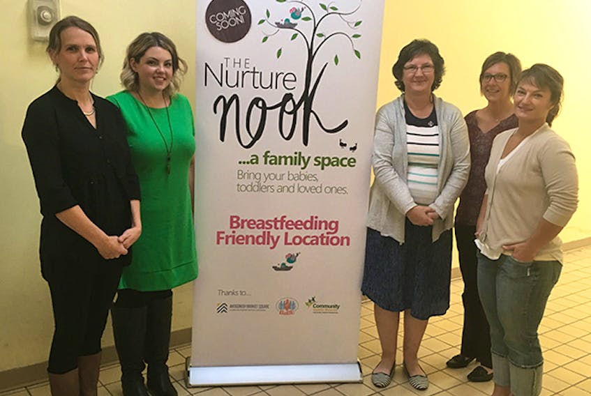 Erin Austen (left), Ellen Lukeman, Nicola Aquino, Shelly Grant and Andrea Donovan are amongst those who have contributed to the establishment of The Nurture Nook, a family space and breastfeeding friendly location, coming to Antigonish Market Square. The grand opening celebration for the Building a Breastfeeding Environment (BaBE) will take place Wednesday, June 6, at 12 p.m. Contributed