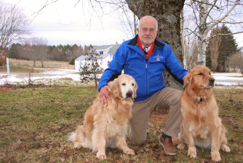 Bob Hawkley spends time at home with his dogs Willow, left, and Daisy. Both are certified St. John Ambulance therapy dogs although Willow, who is 13, recently retired.
