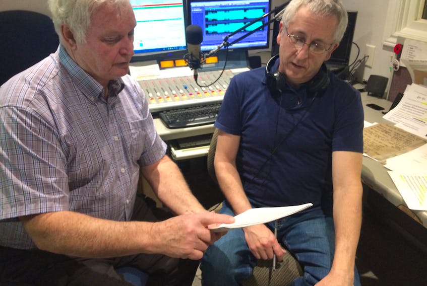 (Left) Dale Fawthrop, creator of the 1867 News, and CFTA manager Ron Bickle look over a script for Fawthrop’s new radio show, This Is When, which will premiere on the community station CFTA.