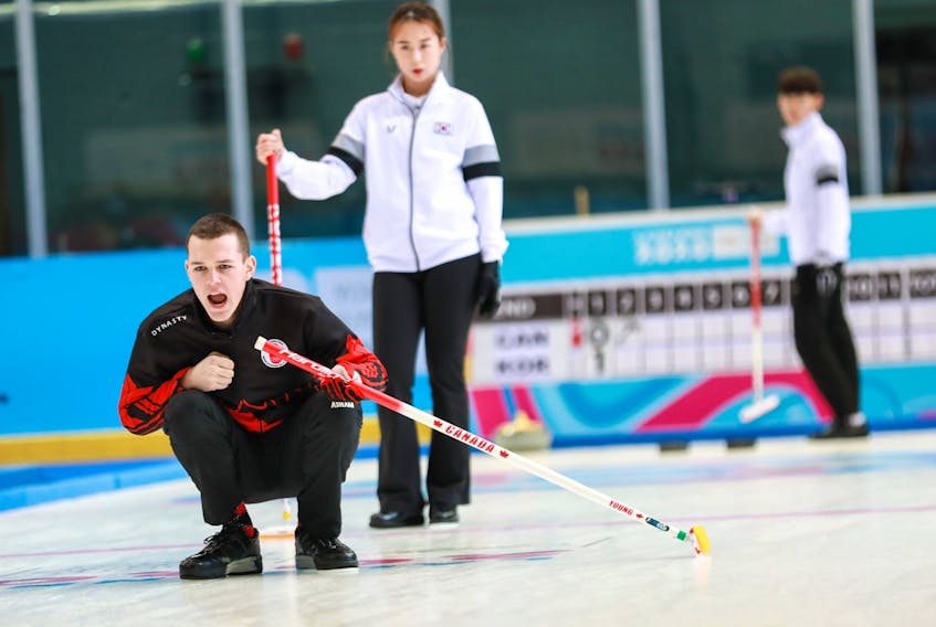 Nathan Young of St. John’s is skip of Canada’s mixed curling team at the World Youth Olymoic Games in Lausanne, Switzerland. Canada has won its first three games, with 13 of the 19 points scored by the rink coming on steals. — World Curling Federation photo
