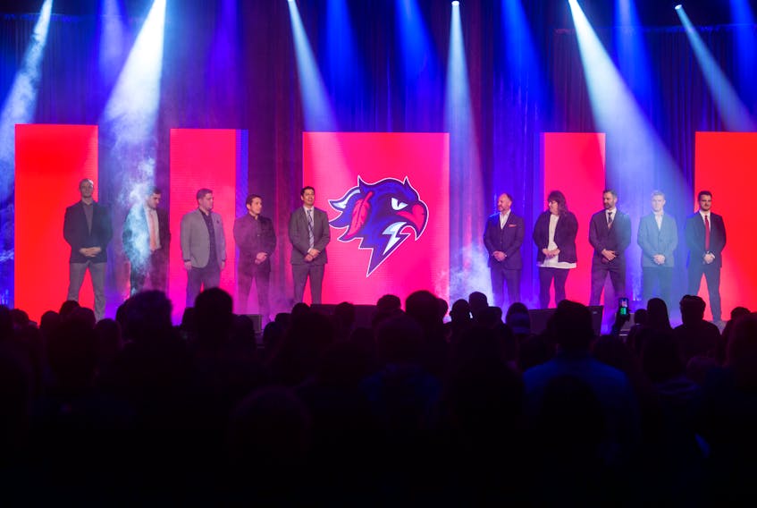 Players and front office staff for the newly named Halifax Thunderbirds lacrosse team are introduced during a ceremony at the Halifax Convention Centre on Saturday afternoon.