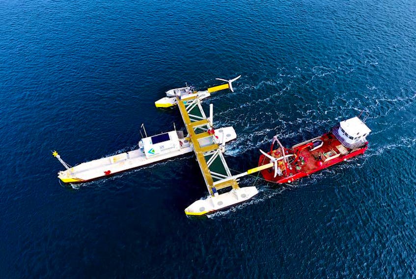 Last year, Sustainable Marine Energy’s PLAT-I tidal energy platform, shown in photograph, generated power from the tidal currents of Grand Passage in Digby County. On Friday, in an unrelated development, Alberta-based Jupiter Hydro was given a power agreement by the Nova Scotia government to sell the electricity it generates to Nova Scotia Power for 50 cents per kilowatt hour. Jupiter Hydro’s project will be located near the Fundy Ocean Research Centre for Energy in the Minas Passage.