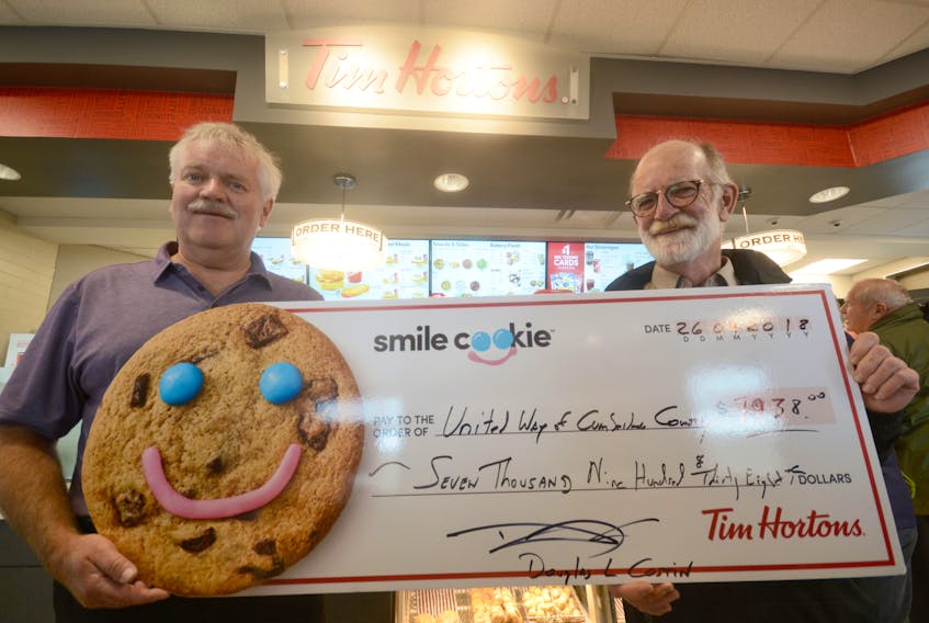 Doug Costin, owner/operator of Tim Hortons in Amherst, presents a $7,938 cheque to Dave March, president of he United Way of Cumberland County. The money was raised during Tim Hortons smile cookie campaign, which ran from Sept. 17 to 23.
