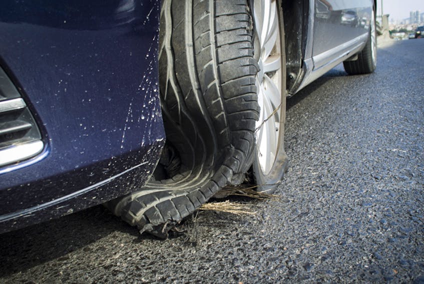 Tire failure can occur gradually, from a slow leak or rapidly when punctured or torn apart by striking a large sharp object such as a curb or deep pothole.