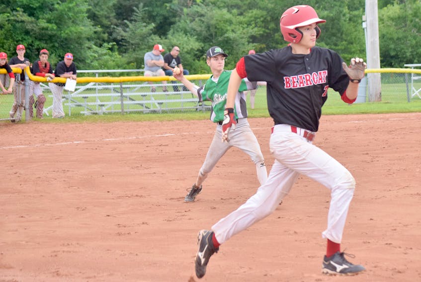 Tyler Mabey of the U18 A Truro Bearcats hustles down the line during recent action at the Stadium Diamond.