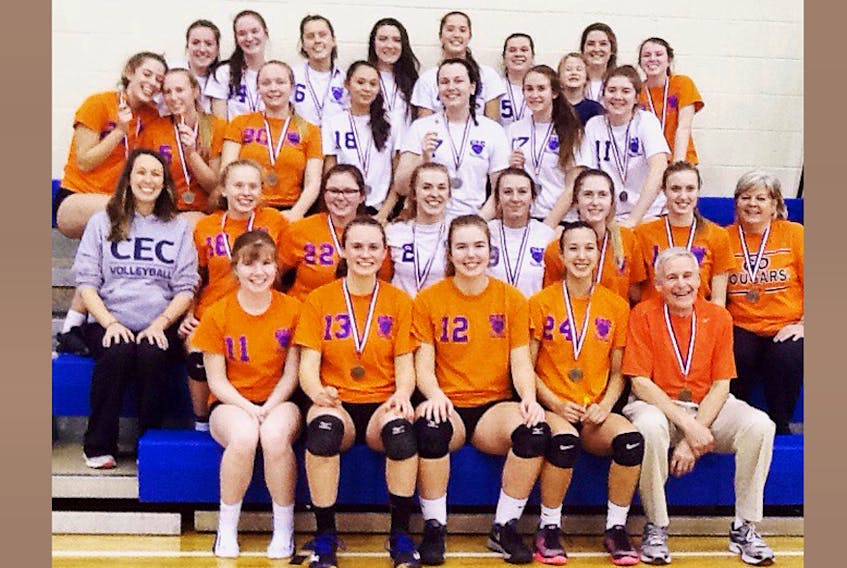 CEC teams captured gold and silver at the Sydney Smash invitational high school girls volleyball tournament over the weekend. The CEC #1 team defeated CEC #2 in straight sets in the final of the six-team event. Members of those teams are, front row, from left, MacKay Kincaid-Webster, Laura Hughes McKay, Robbi Gordon, Shayla Gloade and coach Bob Piers; second row, coach Hilary Cormier, Maddie Greatorex, Kennedy Wry, Hannah Crouse, Maddie Ball, Ellen Lewis, Nicole Rector and coach Carrie Peck. Third row, Maddie MacGregor, Mariah Putnam, Becca Worden, Hannah Faulkner, MacKenzie Matheson, Sydney Davidson and Paige Crosby; fourth row, Caitlin Whooten, Macailin Tanner, Marlee McQuillan, Emma Fortunato, Emma Shive, Sarah Garrett, super fan Lily Fortunato, Erin Reeves and Haley Adams.