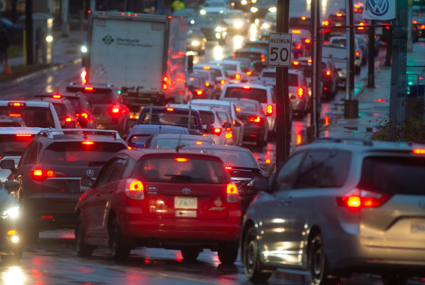 Traffic is moving along even more slowly than normal during the morning rush hour in the Halifax area on Tuesday, Dec. 10, 2019, because of a storm that's brought high winds and plenty of rain to Nova Scotia. Several traffic lights are out, causing major delays.
