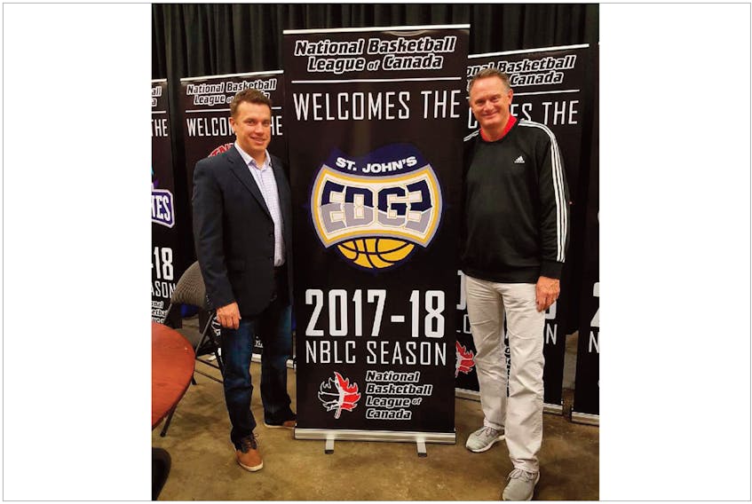 St. John's Edge/Twitter — St. John's Edge head coach Jeff Dunlap (right) and Trevor Murphy of the club's front office are busy as the National Basketball League of Canada team gets ready for its first season.