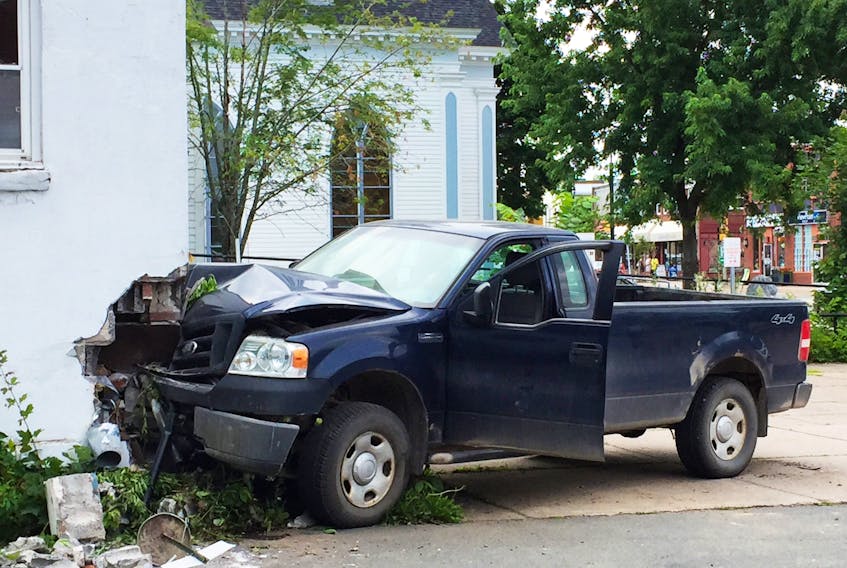 A side angle of the collision shows the amount of force the truck slammed into the building with. Richard MacKenzie