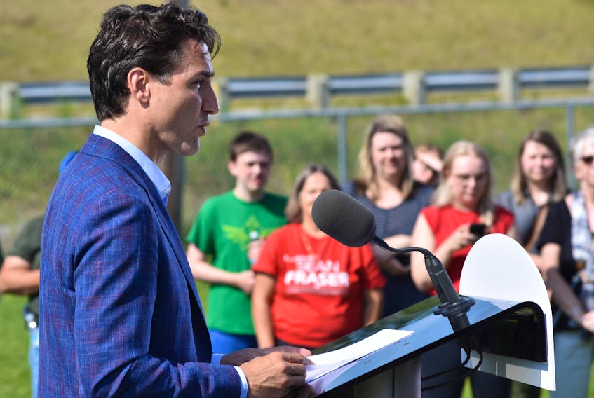 Justin Trudeau speaks during a funding announcement at the East Pictou Middle School on Tuesday. The federal government will contribute $90 million towards twinning a section of the 104 between Sutherland's River and Antigonish.