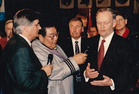 Whit Fraser and longtime Inuit reporter and friend Jonah Kelly interviewing Prime Minister Chretien when Nunavut was created April 1999.