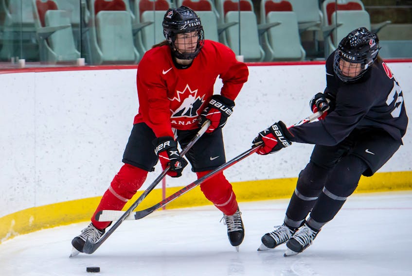Blayre Turnbull of Stellarton goes into the corner during a Hockey Canada women's hockey camp in Calgary in January. The 2021 IIHF women’s world hockey championship in Halifax and Truro has been pushed back a month to May. - Hockey Canada