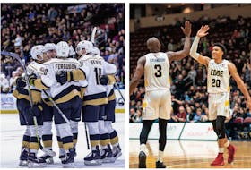 The Newfoundland Growlers and St. John’s Edge were expecting to be able to celebrate some more wins at Mile One Centre during their 2019-20 seasons, but that might not happen with the announcements by their respective leagues, the ECHL and NBLC, that they were suspending play indefinitely because of the coronavirus pandemic. — Newfoundland Growlers photo/Jeff Parsons; St. John’s Edge photo/Ryan MacLellan