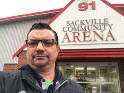 Jamie Munroe outside the Sackville Arena. While the rink near his home is dear to him, he said he is so touched by Tyne Valley’s story that he is encouraging community members to re-direct their Hockeyville support to the P.E.I. community that recently lost its only arena to fire. 
Jamie Munroe photo
