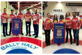 Teams out of the Re/Max Centre claimed the Newfoundland and Labrador under-18 curling championships Sunday at the Bally Haly club in St. John’s, but it remains to be seen if they will get to represent the province at the national level. In the photo at the left are members of the male U18 winners (from left), skip Nathan Young, Sam Follett, Nathan Locke, Joel Krats and coach Jeff Thomas. In the photo on the right are the female U18 champions, skipped by Cailey Locke and including Katie Peddigrew, Sitaye Penney, Kate Young and coach Ken Peddigrew. — Twitter