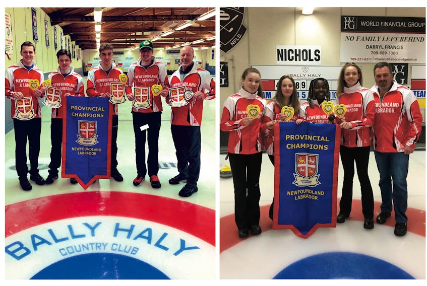 Teams out of the Re/Max Centre claimed the Newfoundland and Labrador under-18 curling championships Sunday at the Bally Haly club in St. John’s, but it remains to be seen if they will get to represent the province at the national level. In the photo at the left are members of the male U18 winners (from left), skip Nathan Young, Sam Follett, Nathan Locke, Joel Krats and coach Jeff Thomas. In the photo on the right are the female U18 champions, skipped by Cailey Locke and including Katie Peddigrew, Sitaye Penney, Kate Young and coach Ken Peddigrew. — Twitter