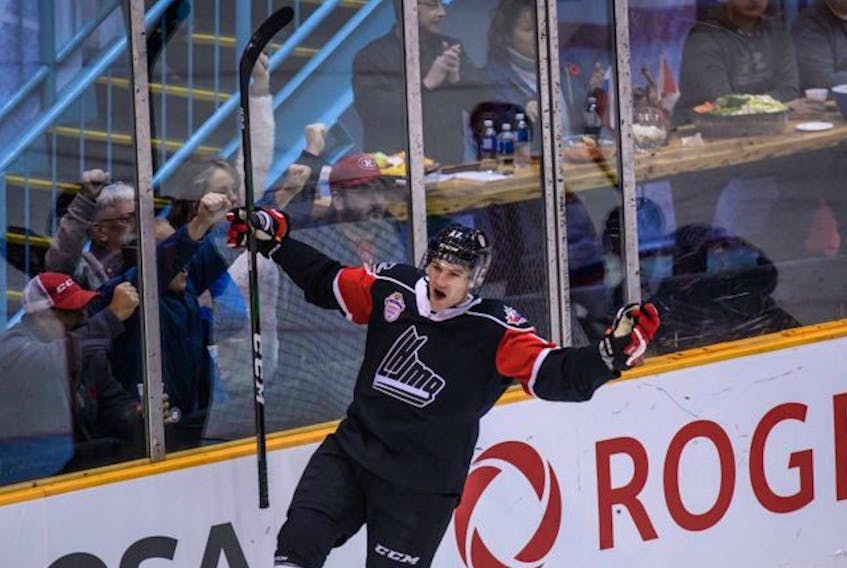 Bay Roberts native and Drummondville Voltigeurs forward Dawson Mercer celebrates his goals against Team Russia during teh first game of teh CIBC Canada-Russia Series Monday night in Saint John, N.B. — chlcanadarussia.ca